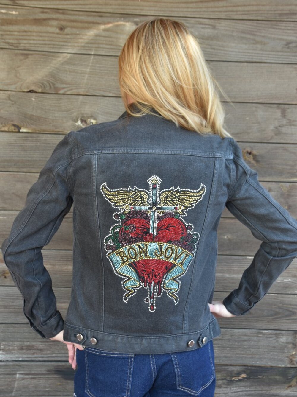 Bon Jovi rhinestone bling light black denim jacket size small - Picture 2 of 9